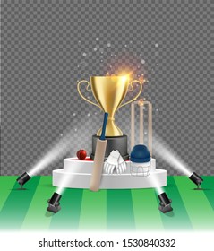 Cricket championship poster design template. Vector realistic illustration of winner gold cup, cricket game equipment standing on white round podium illuminated by floor lights, transparent background
