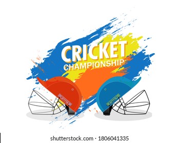 Cricket Championship Poster Design with Two Helmets of Participants Team and Colorful Brush Stroke Effect on White Background.