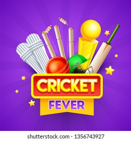 Cricket championship poster or flyer design with cricket equipment and winning trophy on purple shiny background.