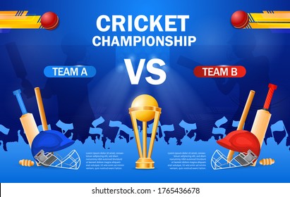 Cricket championship poster template with gold trophy, bats and gear for Team A versus Team B on a blue background, colored vector illustration