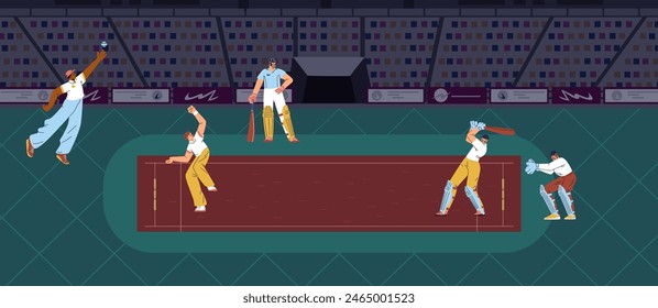 Cricket championship sport game at the stadium vector flat illustration. Cartoon cricket players, batsman in uniform and protection with bat or ball in action