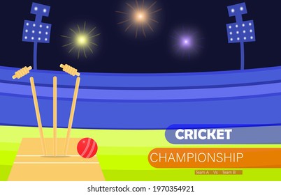 Cricket Championship stadium background with stump and ball. 