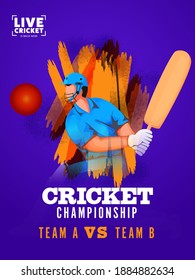 Cricket Championship Team A VS B Based Template Design In Violet Color With Cartoon Batsman Player.