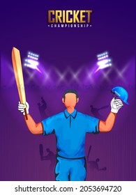 Cricket Championship Template Design With Faceless Batsman Player In Winning Pose On Purple Stadium Background.