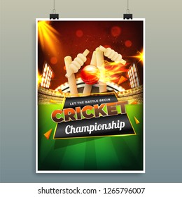 Cricket Championship template or flyer design with illustration of cricket equipments on night stadium background.