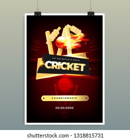 Cricket Championship template or poster design with illustration of cricket equipments on night stadium background.