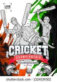 Cricket Championship template or poster design with doodle illustration of cricket batsmans in playing action on brush stroke background.