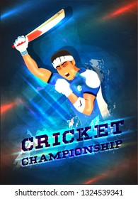 Cricket championship template or poster design with illustration of cricket player in winning pose.