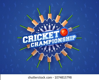 Cricket Championship text on blue abstract background with multiple bats and ball.