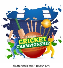 Cricket Championship Text in Sticker Style with Trophy Cup, Batsman and Bowler Character in Playing Pose on Abstract Stadium View Background.