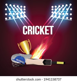 Cricket Championship Tournament Background With Cricket Equipment , Golden Trophy, Bat, Cricketer Helmet