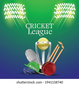 Cricket Championship Tournament Background With Cricket Equipment , Golden Trophy, Bat, Cricketer Helmet