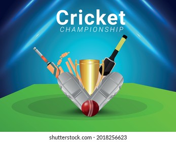 Cricket championship tournament match with gold trophy