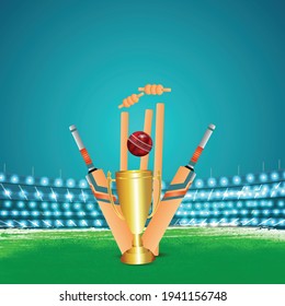 Cricket championship tournament stadium background, Cricket illustration equipment, like- Trophy, bats, ball with wicket