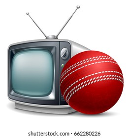 Cricket channel. Cricket ball and retro television. Vector realistic volumetric illustration. Isolated on white background.