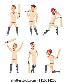 Cricket characters. Set of various sport players in action poses. Player sport man, character sportsman cricketer. Vector illustration