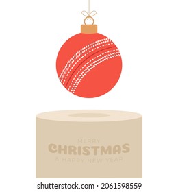 cricket Christmas bauble pedestal. Merry Christmas sport greeting card. Hang on a thread cricket ball as a xmas ball on golden podium on black background. Sport Vector illustration.