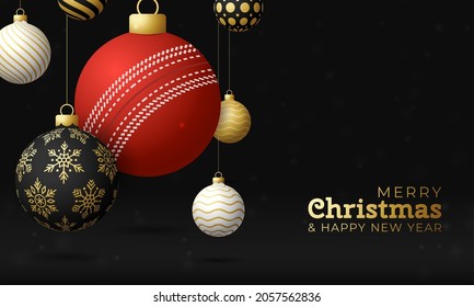 cricket Christmas card. Merry Christmas sport greeting card. Hang on a thread cricket ball as a xmas ball and golden bauble on black horizontal background. Sport Vector illustration.