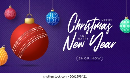 cricket Christmas card. Merry Christmas sport greeting card. Hang on a thread cricket ball as a xmas ball and colorful bauble on purple horizontal background. Sport Vector illustration.