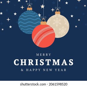 Cricket christmas greeting card. Merry Christmas and Happy New Year flat cartoon Sports banner. Cricket ball as a xmas ball on background. Vector illustration.