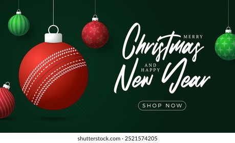 cricket Christmas Greeting card. Merry Christmas and happy new year sport greeting card. Hang on a thread green and red xmas ball bauble on green on background. Sport Vector illustration.