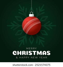 cricket Christmas Greeting card. Merry Christmas and happy new year sport greeting card. Hang on a thread green and red xmas ball bauble on green on background. Sport Vector illustration.
