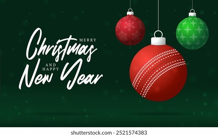cricket Christmas Greeting card. Merry Christmas and happy new year sport greeting card. Hang on a thread green and red xmas ball bauble on green on background. Sport Vector illustration.