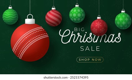 cricket Christmas Greeting card. Merry Christmas and happy new year sport greeting card. Hang on a thread green and red xmas ball bauble on green on background. Sport Vector illustration.