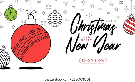 cricket christmas greeting card in trendy line style. Merry Christmas and Happy New Year outline cartoon Sports banner. cricket ball as a xmas ball on white background. Vector illustration..