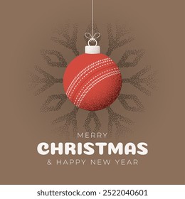 cricket Christmas Greeting grainy card. Merry Christmas and happy new year sport retro greeting card. Hang on a thread xmas ball bauble on noise brown stipple background..