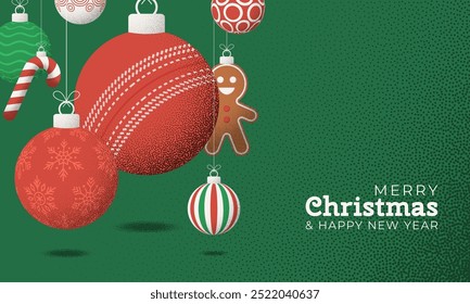 cricket Christmas Greeting grainy card. Merry Christmas and happy new year sport retro greeting card. Hang on a thread xmas ball bauble on noise green stipple background..