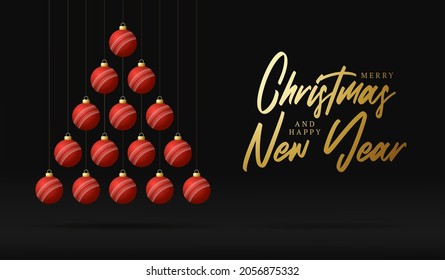 cricket Christmas and new year greeting card bauble tree. Creative Xmas tree made by cricket ball on black background for Christmas and New Year celebration. Sport greeting card