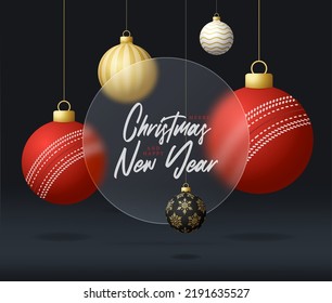 Cricket Christmas sale banner or greeting card. Merry Christmas and happy new year sport banner with glassmorphism or glass-morphism blur effect. Realistic vector illustration.