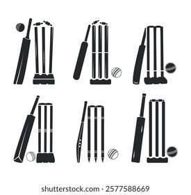 Cricket Clip Art Vector Set, Bat For Playing Cricket Sport Vector Silhouette, Cricket Ball And Bat Silhouette Set. Cricket Bat Sport Isolated Template Design.