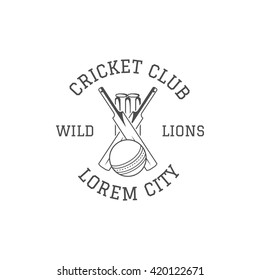 Cricket club emblem and design elements. Club logo design. Cricketer patch. Sports stamp of gear, equipment - bat, ball. Use for web design, tee design or print on t-shirt. Monochrome.