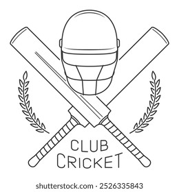 Logotipo del club de críquet con los murciélagos cruzados del críquet, un casco y los laureles en estilo del contorno