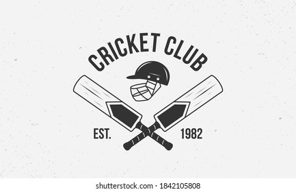 Cricket club logo, poster. Trendy cricket logo with cricket bats, helmet. Vector emblem template.