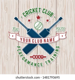 Cricket club patch or sticker. Vector illustration. Concept for shirt, print, stamp or tee. Vintage typography design with cricket bat and ball silhouette. Templates for sports club.