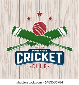 Cricket club patch or sticker. Vector illustration. Concept for shirt, print, stamp or tee. Vintage typography design with cricket bat and ball silhouette. Templates for sports club.
