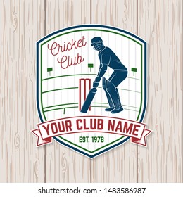 Cricket club patch or sticker. Vector illustration. Concept for shirt, print, stamp or tee. Vintage typography design with cricket batsman silhouette. Templates for sports club.