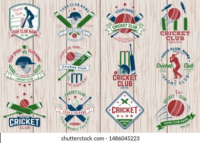 Cricket club patch or sticker. Vector. Concept for shirt, print, stamp or tee. Vintage typography design with bat , wicket, bail, helmet and cricket ball silhouette. Templates for sports club.