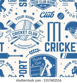 Cricket club seamless pattern or background. Vector illustration. Seamless sport pattern with cricket ball, wicket, bail and helmet silhouette. Cricket sport club texture.