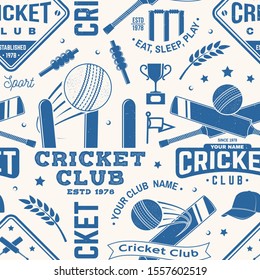 Cricket club seamless pattern or background. Vector illustration. Seamless sport pattern with cricket ball, wicket, bail and helmet silhouette. Cricket sport club texture.