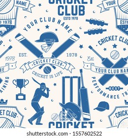 Cricket club seamless pattern or background. Vector illustration. Seamless sport pattern with cricket ball, wicket, bail and helmet silhouette. Cricket sport club texture.