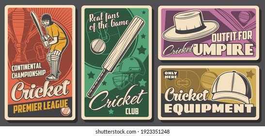 El club de críquet y los afiches del campeonato deportivo retro, los jugadores del equipo vector compiten. Jugador o bateador de la liga de críquet con bateador y pelota, equipo de juego, equipo y carteles de la sombrerería o del club de hinchas de cricket