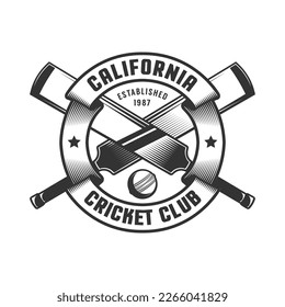 Cricket club vintage badge with bats and ball. vector illustration