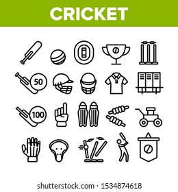 Cricket Collection Game Elements Icons Set Vector Thin Line. Player Silhouette And Helmet, Ball And Bat, Goblet And Cricket Equipment Concept Linear Pictograms. Sport Monochrome Contour Illustrations