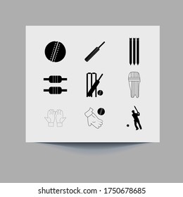 Cricket Collection Game Elements Icons Set Vector Thin Line. Player Silhouette And Helmet, Ball And Bat, Goblet And Cricket Equipment. eps 10