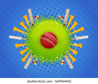 Cricket Concept Background, Vector Banner Event Info Postcard Design and Ad Web Banner or Horizontal Card Template, Cricketer Ball, Stick, Confetti Illustration