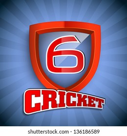 Cricket concept with winning shield having text numeric six for shots on blue rays  background